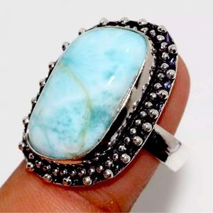 Larimar Ethnic Handmade Gemstone Ring Jewelry US Size-9